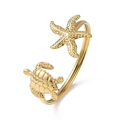 Turtle Морская тематика 304 браслеты-манжеты из нержавеющей стали, браслеты на концах для женщин, золотые, черепаха и морская звезда, внутренний диаметр: 2.05 дюйм (5.2 см) x 2.32 дюйм (5.9 см)