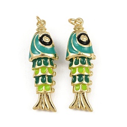 Светлый Морско-зеленый Латунь эмаль подвески, с целью перехода в кольце, очарование рыбы, реальный 18 k позолоченный, стойки покрытие, без свинца и без кадмия, долговечный, светло-зеленый, 29x9.5x7 мм, отверстие : 3 мм