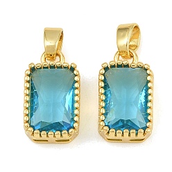 Light Sky Blue Brass & Glass Pendants, Faceted Rectangle Charm, Long-Lasting Plated, Rack Plating, Cadmium Free & Lead Free, Golden, Light Sky Blue, 17x10x6mm, Hole: 6x3.5mm
