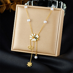Золотой 304 Женские ожерелья с подвеской в виде пчелы, цветов и кисточек из нержавеющей стали, белого и желтого цвета с пластиковой жемчужиной, золотые, 15.75 дюйм (40 см)