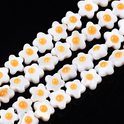 Orange Shell normal de perles blanches de brins, double face avec émail, fleur, orange, 6~7x6.5~7x4mm, Trou: 0.7mm, Environ 61~63 pcs/chapelet, 14.76 pouces ~ 15.16 pouces (37.5~38.5 cm)