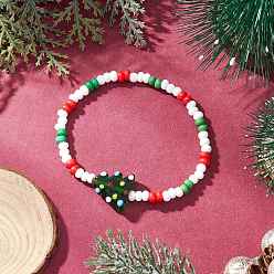 Рождественская елка Рождественские стеклянные бисерные браслеты ручной работы из бисера и бусин-лэмпворк для женщин, рождественская елка, внутренний диаметр: 2-1/4 дюйм (5.8 см), Дерево: 16.5x16x7.5 мм