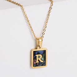 Letter R 304 ожерелья с прямоугольной подвеской из натуральной ракушки пауа из нержавеющей стали для женщин, реальный 18 k позолоченный, Буква R, 17.72 дюйм (45 см)