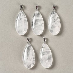 Quartz Crystal Natural Quartz Crystal Pendants, with 304 Stainless Steel Snap on Bails, Teardrop Charm, 44x20x9mm, Hole: 7x4mm