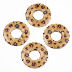 Orange Printed Wood Pendants, Donut with Flower Pattern, Orange, 45x5mm, Hole: 1.6mm
