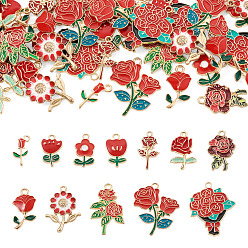 Roja 48 piezas 12 estilos colgantes de aleación de esmalte, encantos de la flor, dorado, rojo, 18~31x10~25x1~3.5 mm, agujero: 1.5~2.2 mm, 4 piezas / estilo