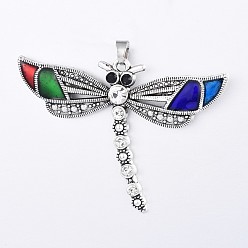 Farbig Legierung Schmelz große Anhänger, mit Strass, Libelle, Antik Silber Farbe, Farbig, 46.5x65x5 mm, Bohrung: 5x6 mm