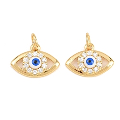 Real 18K Gold Plated Brass Micro Pave Clear Cubic Zirconia Charms, with White and Blue Enamel, Horse Eye Charms, Real 18K Gold Plated, 11x15x3mm, Hole: 3.5mm
