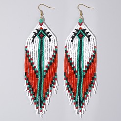 Красный Богемский стеклянный бисер ручной работы шестигранные серьги-подвески, золотые, красные, 155x40 мм