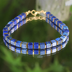 Lapis Lazuli Natural Lapis Lazuli Cube Beaded Bracelets, Golden, 6.30 inch(16cm)