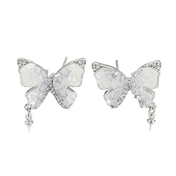 Платина Латунь с эмалью с фианитами, серьга-пусета с кристаллами и булавками из стерлингового серебра 925, без кадмия, без никеля и без свинца, бабочка, платина, 24x21 мм, штифты : 0.5 мм