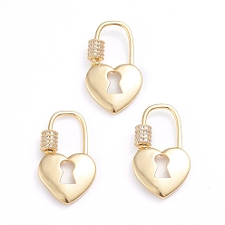 Прозрачный Латунные микропаве, кубический цирконий, винт, карабин, подвески с замком, для изготовления ожерелий, сердце замок, реальный 18 k позолоченный, прозрачные, 28x16.5x2 мм, Винт: 5.5x5 мм