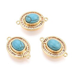 Настоящее золото 18K Латунные застежки с прозрачными фианитами и магнитными застежками, овальные, с петлями и синтетическим бирюзовым цветом, реальный 18 k позолоченный, 18.5x12.5x8 мм, отверстие : 1.1~1.2 мм