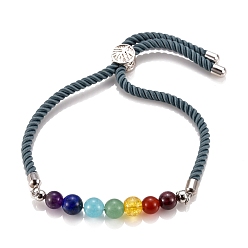 Кадет Синий Чакра ювелирные изделия, регулируемые нейлоновые браслеты-слайдеры, Боло браслеты, с бусинами из натуральных и синтетических драгоценных камней и латунной фурнитурой, платина, кадетский синий, внутренний диаметр: 2-5/8 дюйм (6.7 см), ползунок: 8.5x5.5 мм