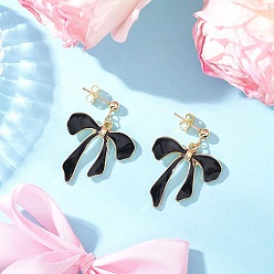 Черный Серьги-гвоздики с бантом из сплава с эмалью, с 304 нержавеющей сталью и латунью, золотые, чёрные, 35x26 мм