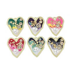 Mixed Color Rack Plating Alloy Enamel Pendants, with Resin, ABS Imitation Pearl Beads, Rhinestone and Glass Beads, Cadmium Free & Nickel Free & Lead Free, Heart, Mixed Color, 40x34.5x7mm, Hole: 3x3mm