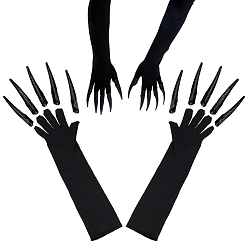 Черный Наборы длинных перчаток из полиэстера и накладных ногтей из ацетата целлюлозы, для костюмированной вечеринки на Хэллоуин, чёрные, 435x130x1 мм