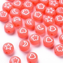 Помидор Непрозрачные акриловые бусины, плоский круглый с белым сердцем, цветком, луной и звездой, помидор, 7x4 мм, отверстие : 1.6 мм