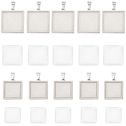 Нержавеющая Сталь Цвет Набор для самостоятельного изготовления квадратного купола-подвески, в том числе 304 настройки подвески из нержавеющей стали, Кабошоны из стекла, цвет нержавеющей стали, 20 шт / коробка