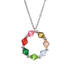 Stainless Steel Color Colorful Acrylic Beaded Ring Pendant Necklaces, with 304 Stainless Steel Cable Chains, Stainless Steel Color, 17.44 inch(44.3cm)