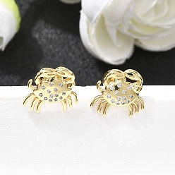 Золотой Серьги-гвоздики в форме краба из латуни с микропаве из прозрачных кубических цирконий, золотые, 11x11.5 мм