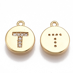 Letter T Brass Cubic Zirconia Charms, Flat Round with Letter, Nickel Free, Real 18K Gold Plated, Clear, Letter.T, 12x10x2mm, Hole: 1mm