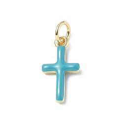 Темно-бирюзовый Настоящие 18k позолоченные экологически чистые подвески из латуни с эмалью, долговечный, с прыжковых колец, без свинца и без кадмия, крест очарование, темные бирюзовый, 15x8x3 мм, отверстие : 3.4 мм