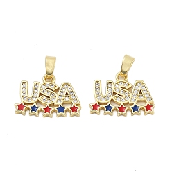 Настоящее золото 18K Латунные микро проложить кубического циркония подвески, слово сша со звездными чарами, с эмалью, стойки покрытие, без свинца и без кадмия, долговечный, реальный 18 k позолоченный, 12x16x1.5 мм, отверстие : 4.5x2.5 мм