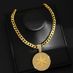 Плоский Круглый Ожерелья с кубинской цепочкой в стиле хип-хоп из цинкового сплава с кристаллами и стразами, золотые, плоские круглые со звездой, 23.62 дюйм (60 см), Кулон : 76x53 мм