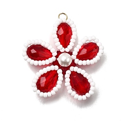 Красный Стеклянные подвески, цветочный шарм, с 304 соединительными кольцами из нержавеющей стали и круглыми бусинами из ракушек, граненые, красные, 33.5~34x34.5~35x8.5 мм, отверстие : 3 мм