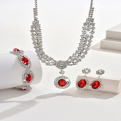 Светло-сиамский Овальные и конские глаза латунные ожерелья, браслеты и комплекты серег со стразами, Light Siam, ожерелья: 13.39 дюйм(340мм); браслеты: 7.48 дюйм(190мм); серьги: 35x15мм