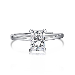 Прозрачный Родиевое покрытие 925 регулируемые кольца из стерлингового серебра, кольцо с камнем, прямоугольник с фианитами для женщин, Реальная платина, прозрачные, 1.2 мм, размер США 7 (17.3 мм)