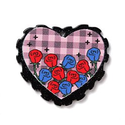 Pearl Pink Embossed Printed Acrylic Pendants, Heart with Flower Pattern, Pearl Pink, 32.5~33x37.5~38x2.5mm, Hole: 1.6mm