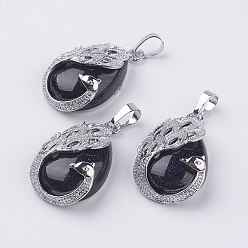 Синий Драгоценный Камень Синтетический синий авантюрин подвески, с латунной найти, слезинка с павлина, платина, 33x20x10.5 мм, отверстие : 5x6.5 мм