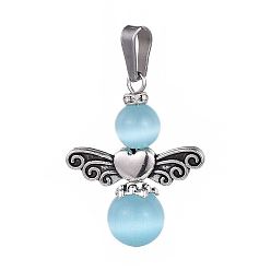 Синий Подвески кошачий глаз, с борта сплава тибетском стиле, латунные бусины со стразами и 304 нержавеющая сталь, ангел, синие, 30 мм, отверстие : 8x3~3.5 мм