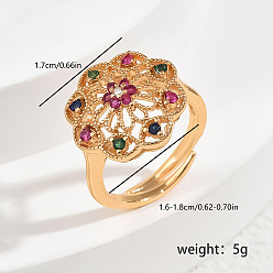 Разноцветный Элегантные регулируемые кольца для женщин с микропаве из латуни и кубическими цирконами, цветок, золотые, красочный, 17 мм, внутренний диаметр: регулируемый