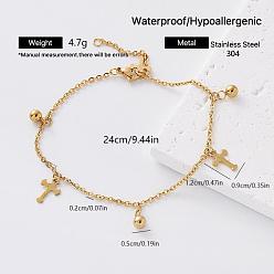 Cross Religion 304 Stainless Steel Charm Anklets for Women, Golden, Cross, 9-1/2 inch(240mm)