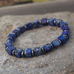 Имперская яшма Эластичные браслеты из окрашенных кубиками бусин натурального синего императорского яшмы и синтетического немагнитного гематита для женщин и мужчин., регулируемый