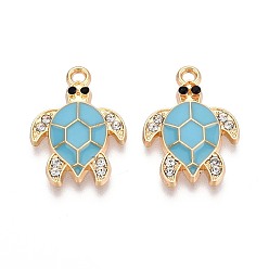 Небесно-голубой Rhinestone сплава и эмали подвески, черепаха, золотые, голубой, 21x15x2.2 мм, отверстие : 1.6 мм