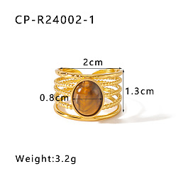 Тигровый глаз 304 Открытые кольца из нержавеющей стали с натуральным тигровым глазом, овальные, золотые, 20 мм