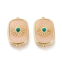 Розовый Кварц Соединители звеньев естественного розового кварца и синтетического малахита, с долговечной позолоченной латунной фурнитурой из настоящего 18 k золота, прямоугольные, 28x16x6.2 мм, отверстие : 1.2 мм