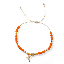 Темно-Оранжевый Браслеты из латуни и сплавов с подвесками, стеклянные бусины плетеные браслеты из бисера для женщин, крест и сердце, темно-оранжевый, 11.02 дюйм (28 см)