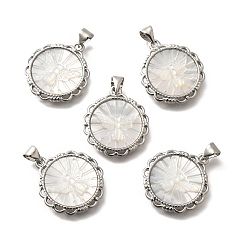 Платина Латунь с резными подвесками из натуральной ракушки, стойки покрытие, плоские круглые с бабочкой, платина, 22x19.5x3 мм, отверстие : 3x4 мм