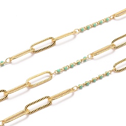 Dark Turquoise Golden Plated Handmade Enamel Beaded Chains, Brass Paperclip Chains, Long-Lasting Plated, Soldered, with Spool, Dark Turquoise, Link: 15x5x0.7mm and 5x1.7x2mm, about 32.8 Feet(10m)/roll