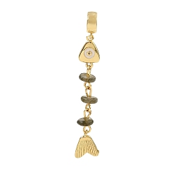 Labradorite Brass Pave Cubic Zirconia Clear Cubic Zirconia & Natural Labradorite & Enamel European Dangle Charms, Large Hole Charms, Fish, Rack Plating, Long-Lasting Plated, Cadmium Free & Lead Free, Real 18K Gold Plated, 54.5mm, Hole: 5.5mm
