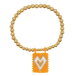 Оранжевый Богемные стеклянные браслеты с подвесками из бисера, латунные круглые бусины эластичные браслеты для женщин, Прямоугольник с сердцем, золотые, оранжевые, регулируемый