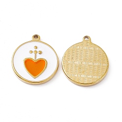 Dark Orange Vacuum Plating 201 Stainless Steel Pendants, with Enamel, Real 18K Gold Plated, Flat Round with Heart Charm, Dark Orange, 23.5x20x2.7mm, Hole: 1.7mm