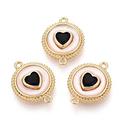 Настоящее золото 18K Подвески из латуни с черными кубическими циркониями и соединительными элементами в виде ракушек., плоский круглый с сердечками, реальный 18 k позолоченный, 18x14x4 мм, отверстие : 1.2 мм