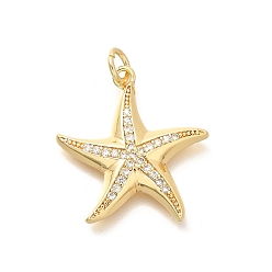 Настоящее золото 18K Латунные микропаве прозрачные подвески с фианитом, прелести морская звезда, с целью перехода в кольце, стойки покрытие, долговечный, без свинца и без кадмия, реальный 18 k позолоченный, 22.5x20.5x3 мм, отверстие : 3 мм
