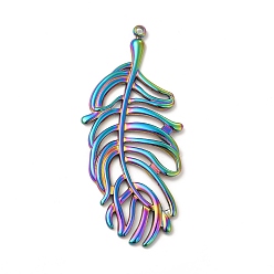 Rainbow Color Ion Plating(IP) 304 Stainless Steel Big Pendants, Feather Charm, Rainbow Color, 50x22x2mm, Hole: 1.6mm